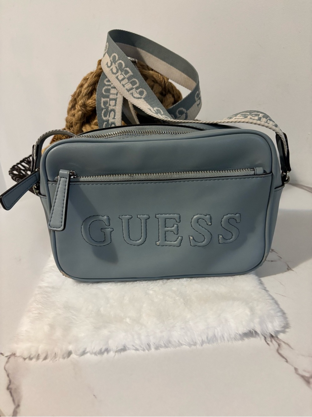 Guess Light Blue Logo Camera Crossbody with Branded Strap